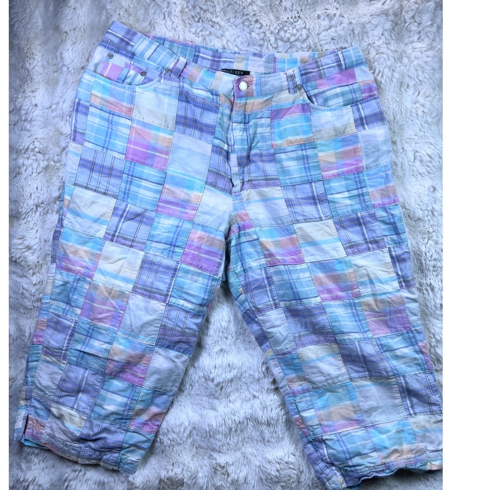 Lauren Ralph Lauren Patchwork Plaid Cropped Pants Pastel Multi Color Sz 18W A41